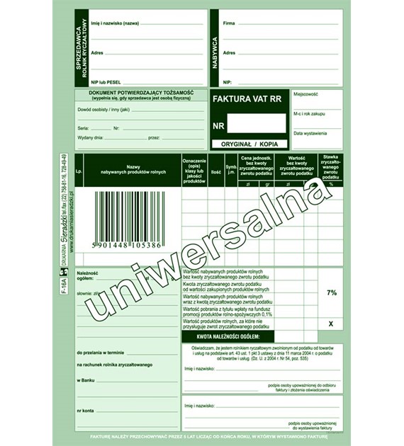 Druk Faktura A5 F-16A RR 1+1 Pion Sieradzki