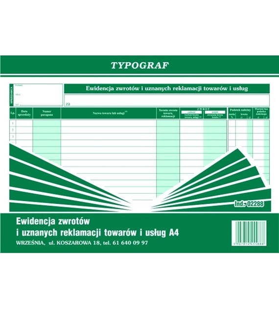 Druk Ewidencja Zwrotów I Uznanych Reklamacji Towarów I Usług A4 Typograf 02288