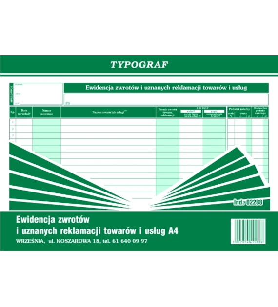 Druk Ewidencja Zwrotów I Uznanych Reklamacji Towarów I Usług A4 Typograf 02288
