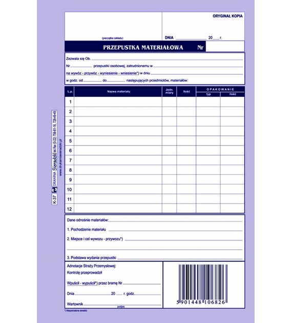 Druk Przepustka Materiałowa A5  K-37 1+1 Sieradzki
