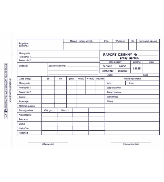 Druk Raport Dzienny Pracy Sprzętu A5 N-1 Sieradzki