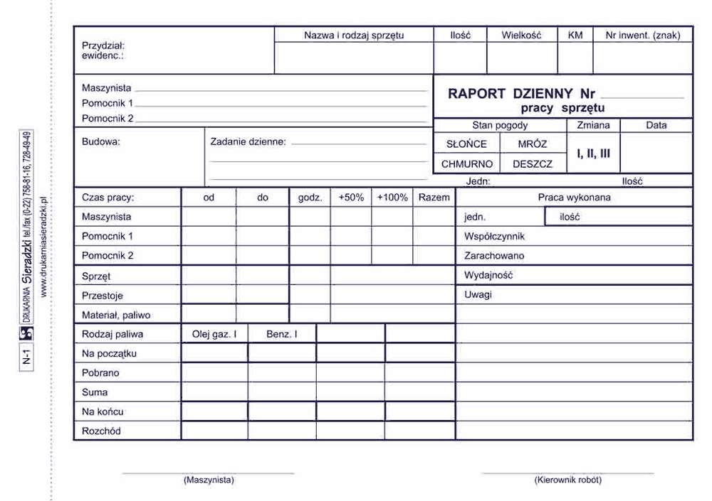 Druk Raport Dzienny Pracy Sprzętu A5 N-1 Sieradzki