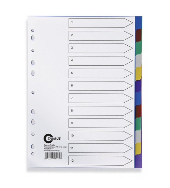Przekładki A4 PP 1-12 Numeryczne Kolorowe F020444 Taurus