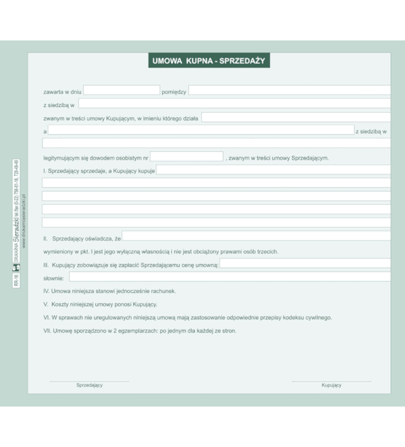 Druk Umowa Kupna Sprzedaży 2/3 A4 RR-16 Sieradzki