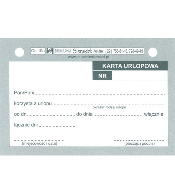 Druk Karta Urlopowa A6 Sieradzki OS-19