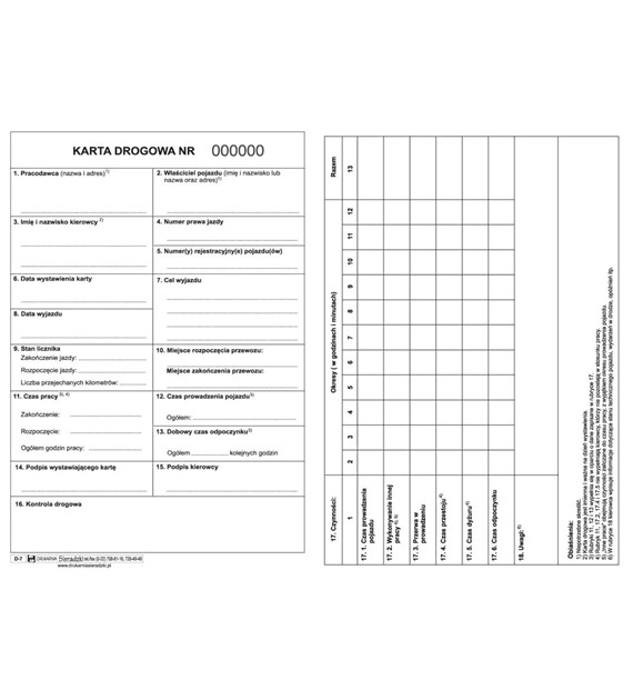 Druk Karta Drogowa A5 D-7 Numerowana Sieradzki