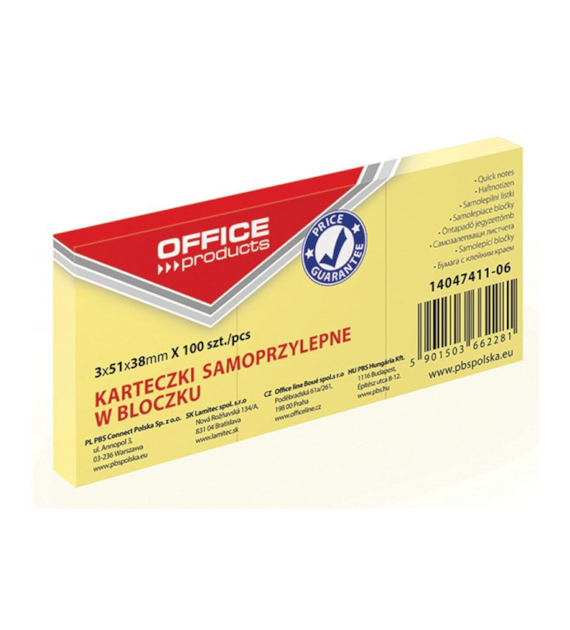 Bloczek Samoprzylepny 51x38mm 100szt żółty opk 3 szt 14047411-06 Office Product