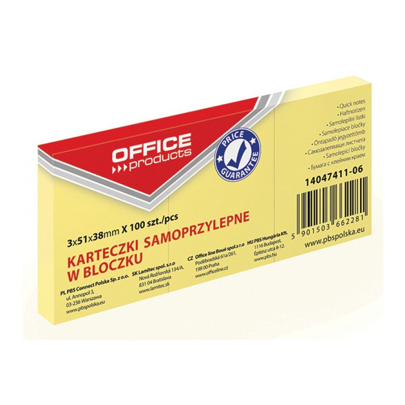 Bloczek Samoprzylepny 51x38mm 100szt żółty opk 3 szt 14047411-06 Office Product