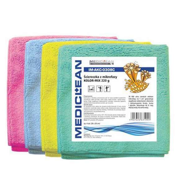Ściereczka Z Mikrofazy MediClean 30x30cm Mix Kolorów 220g IM-AKC-0308C opk.4szt.