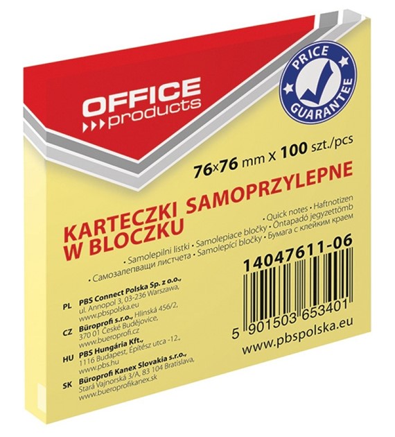 Bloczek Samoprzylepny 76x76mm 100szt żółty 14047611-06  Office Products