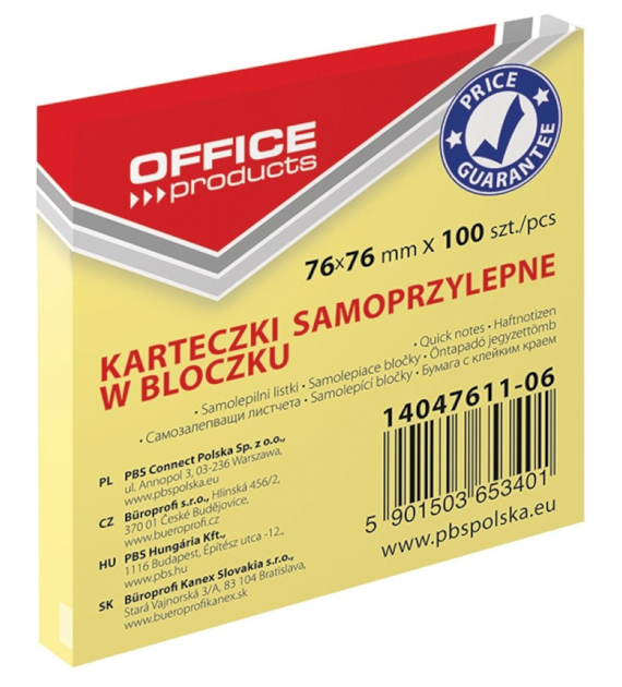 Bloczek Samoprzylepny 76x76mm 100szt żółty 14047611-06  Office Products