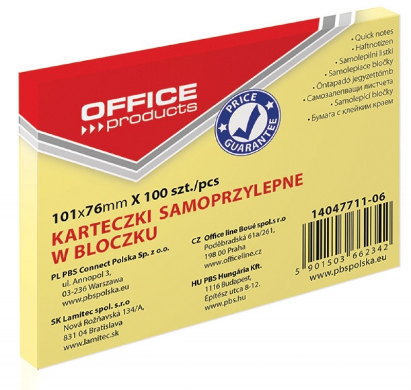 Bloczek Samoprzylepny 76x101mm 100szt żółty 14047711-06 Office Products