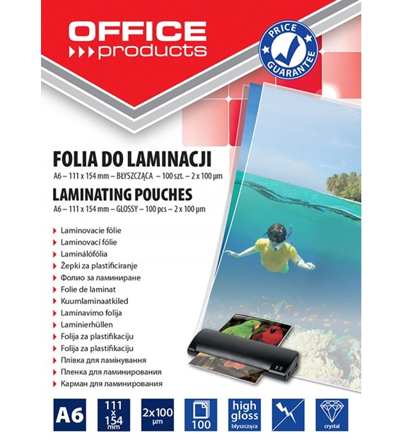 Folia Do Laminowania A6 111x154 100mic opk 100szt Błyszcząca 20325025-90 Office Products