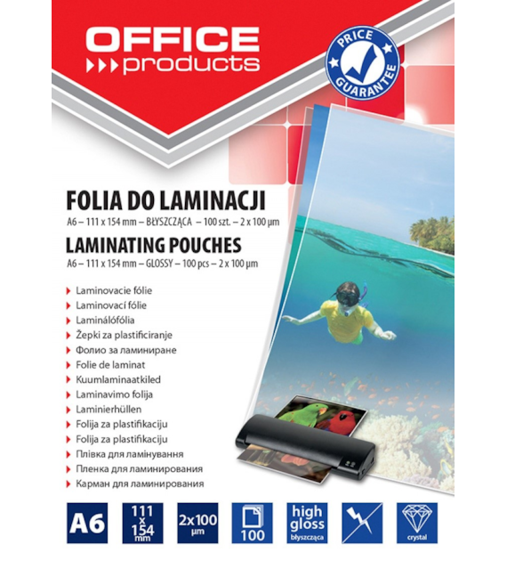 Folia Do Laminowania A6 111x154 100mic opk 100szt Błyszcząca 20325025-90 Office Products