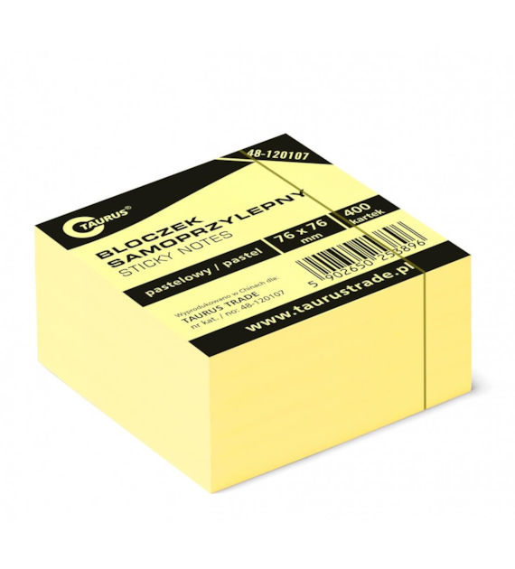 Bloczek Samoprzylepny 76x76mm 400szt żółty pastel 48-120107 Taurus