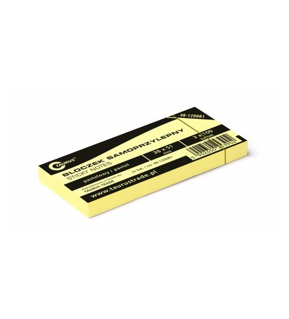 Bloczek Samoprzylepny 51x38mm 100szt żółty opk 3 szt 48-120081 Taurus