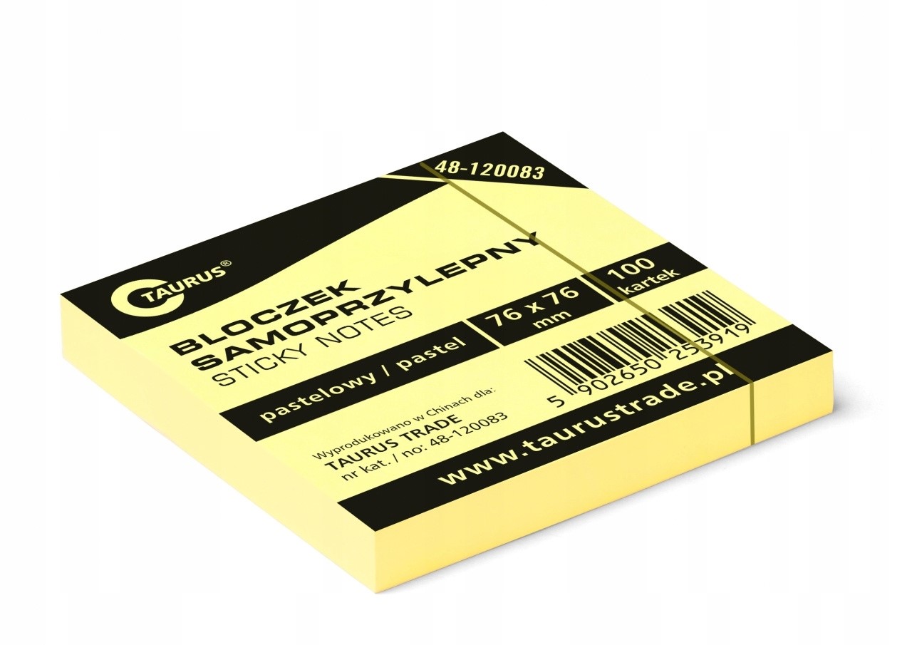 Bloczek Samoprzylepny 76x76mm 100szt żółty pastel 48-120083 Taurus
