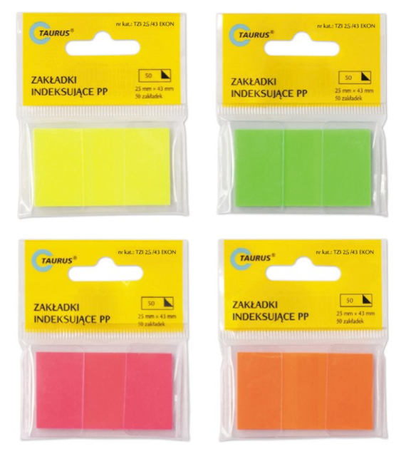 Zakładki Indeksujące PP 25x43mm 50k TZI/25x43mm w Podajniku mix kolor TT00681,682,683,684,685 Taurus